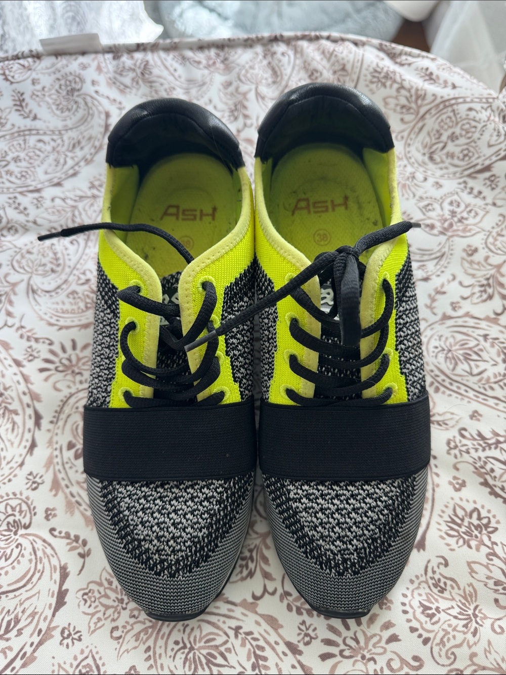 ASH womens Neon Yellow & Black Knit Lace-Up Sneakers
